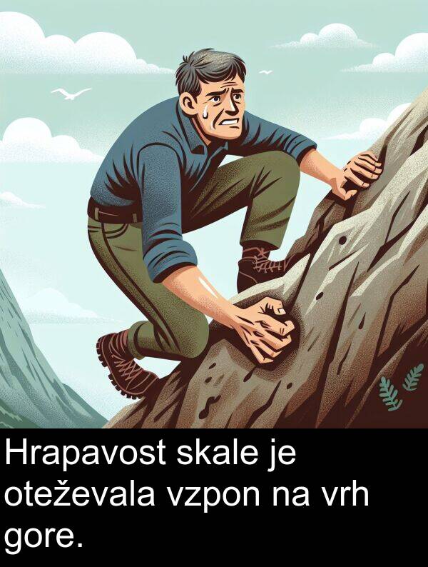 oteževala: Hrapavost skale je oteževala vzpon na vrh gore.