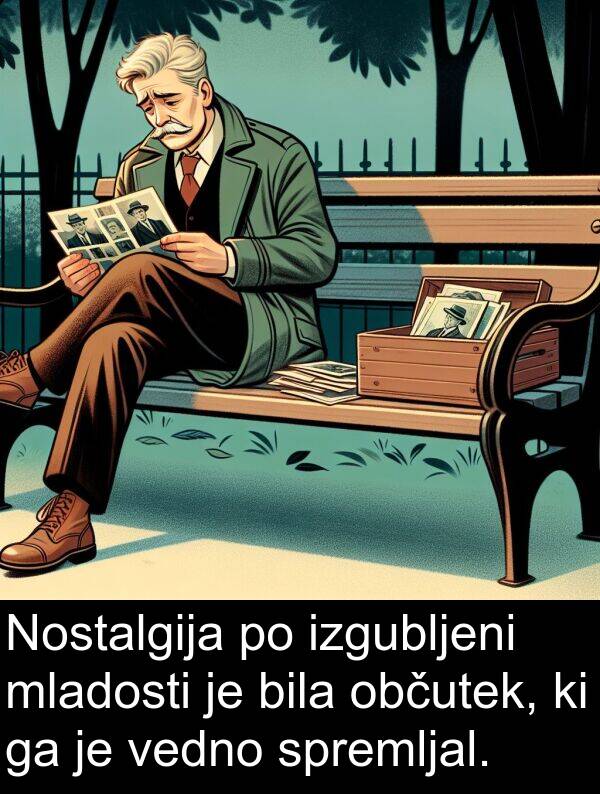 občutek: Nostalgija po izgubljeni mladosti je bila občutek, ki ga je vedno spremljal.