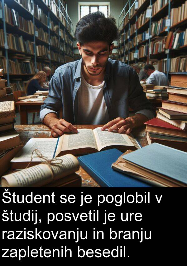 posvetil: Študent se je poglobil v študij, posvetil je ure raziskovanju in branju zapletenih besedil.