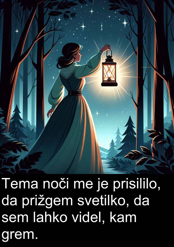 kam: Tema noči me je prisililo, da prižgem svetilko, da sem lahko videl, kam grem.