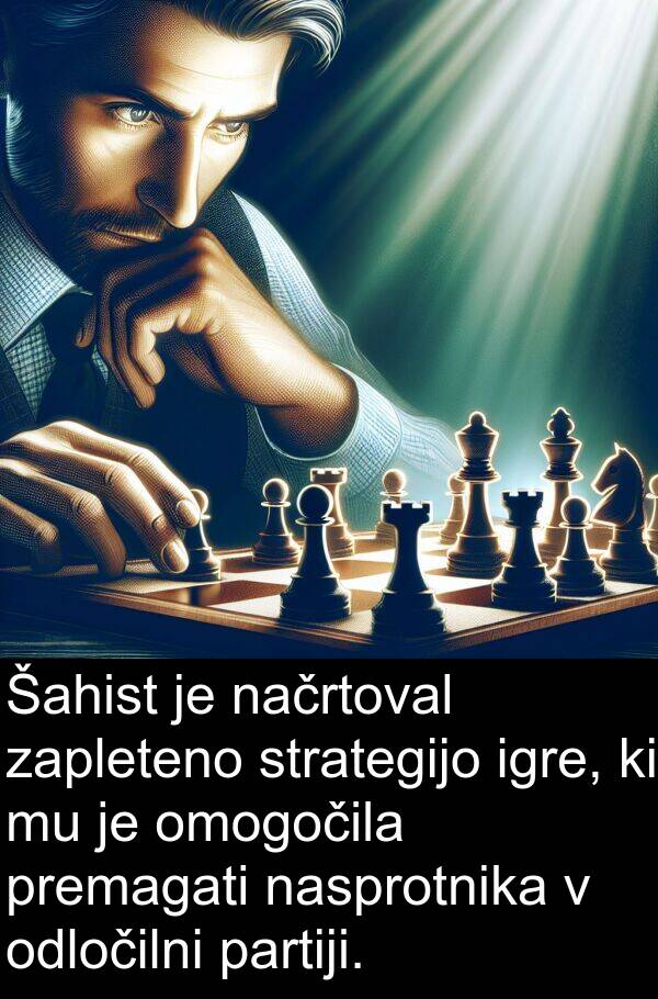 načrtoval: Šahist je načrtoval zapleteno strategijo igre, ki mu je omogočila premagati nasprotnika v odločilni partiji.