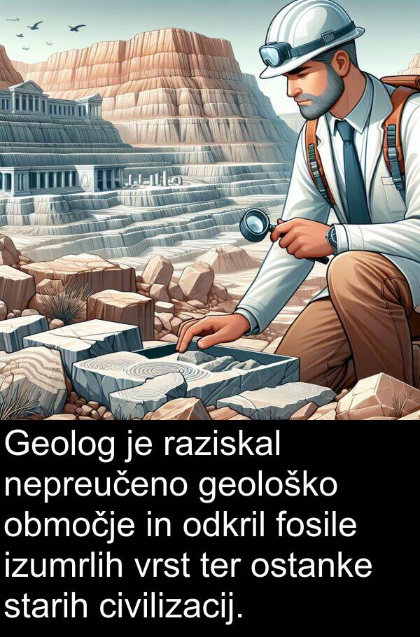 geološko: Geolog je raziskal nepreučeno geološko območje in odkril fosile izumrlih vrst ter ostanke starih civilizacij.