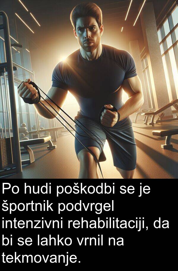 tekmovanje: Po hudi poškodbi se je športnik podvrgel intenzivni rehabilitaciji, da bi se lahko vrnil na tekmovanje.
