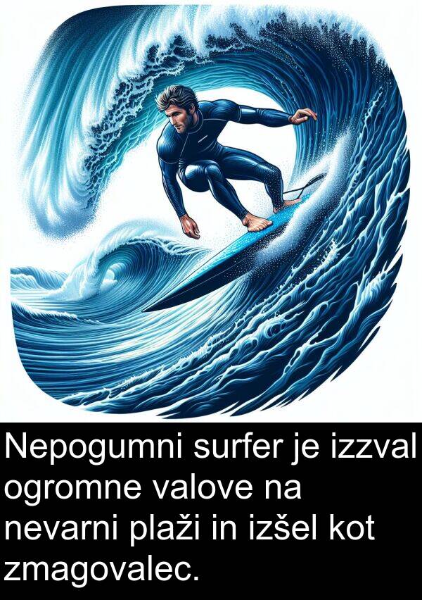 nevarni: Nepogumni surfer je izzval ogromne valove na nevarni plaži in izšel kot zmagovalec.