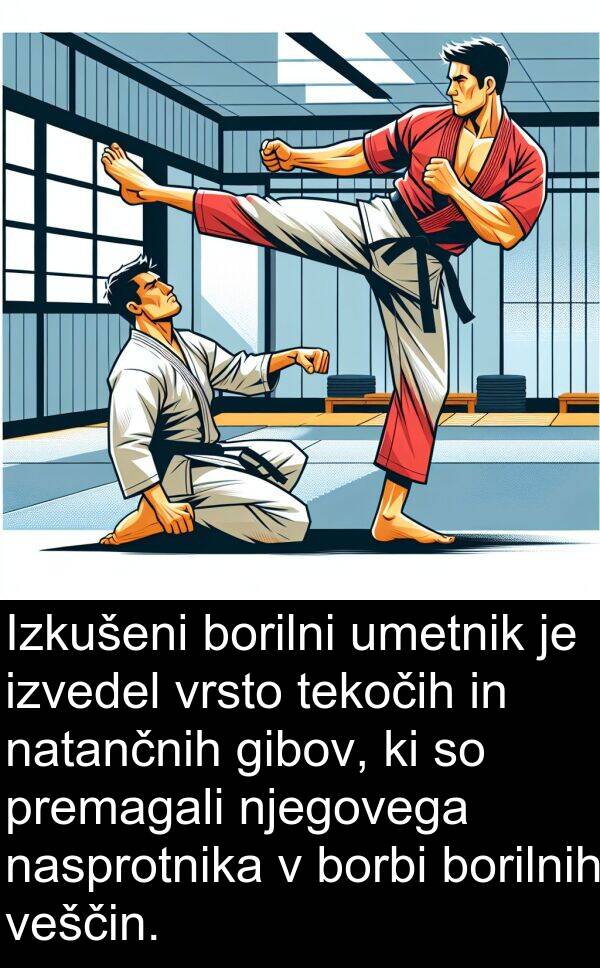 gibov: Izkušeni borilni umetnik je izvedel vrsto tekočih in natančnih gibov, ki so premagali njegovega nasprotnika v borbi borilnih veščin.