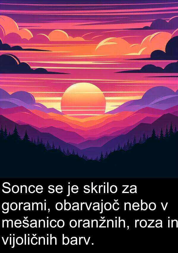 barv: Sonce se je skrilo za gorami, obarvajoč nebo v mešanico oranžnih, roza in vijoličnih barv.