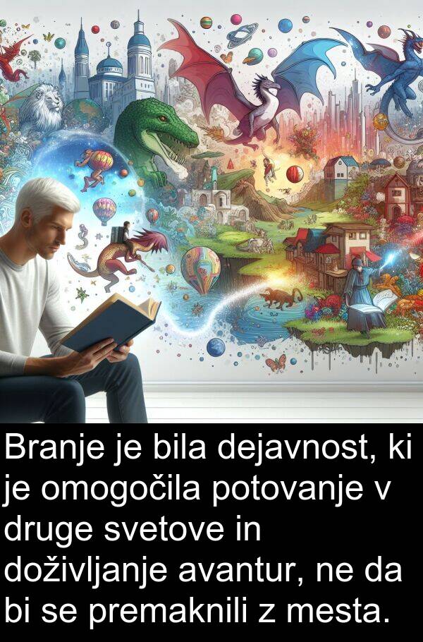 mesta: Branje je bila dejavnost, ki je omogočila potovanje v druge svetove in doživljanje avantur, ne da bi se premaknili z mesta.
