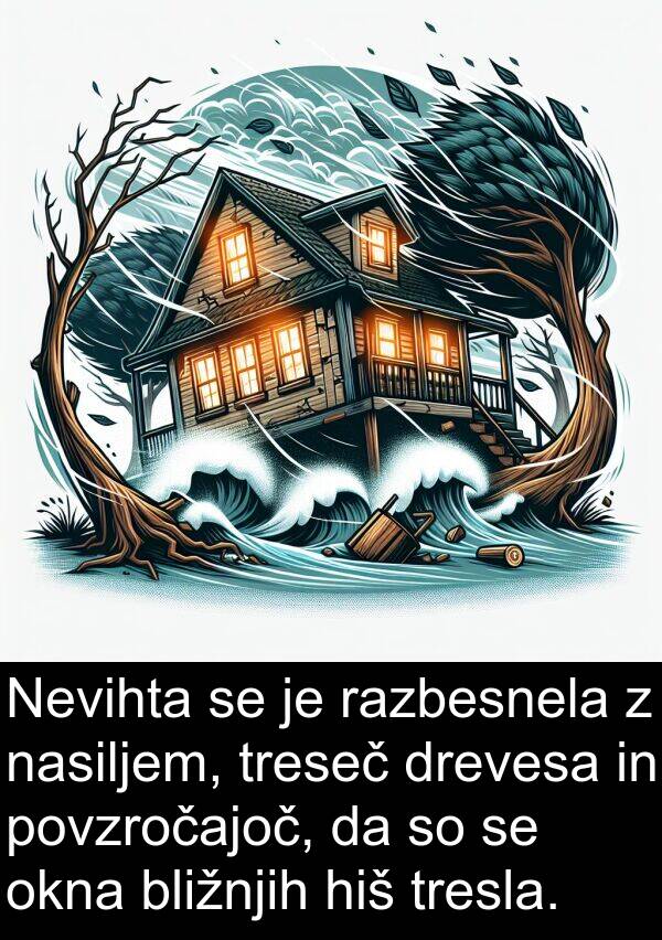 hiš: Nevihta se je razbesnela z nasiljem, treseč drevesa in povzročajoč, da so se okna bližnjih hiš tresla.