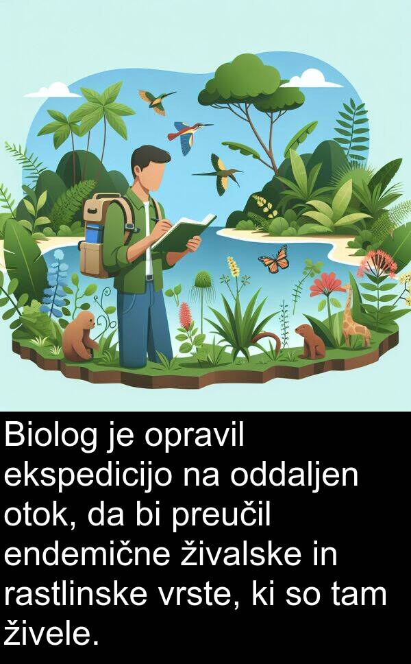 živalske: Biolog je opravil ekspedicijo na oddaljen otok, da bi preučil endemične živalske in rastlinske vrste, ki so tam živele.