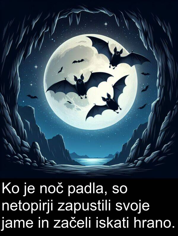 jame: Ko je noč padla, so netopirji zapustili svoje jame in začeli iskati hrano.