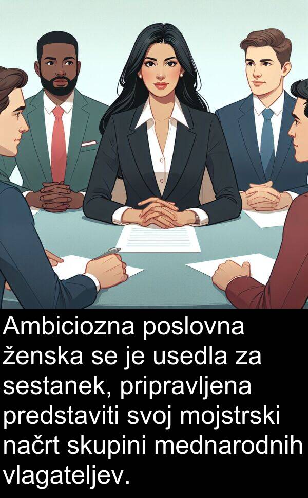 ženska: Ambiciozna poslovna ženska se je usedla za sestanek, pripravljena predstaviti svoj mojstrski načrt skupini mednarodnih vlagateljev.