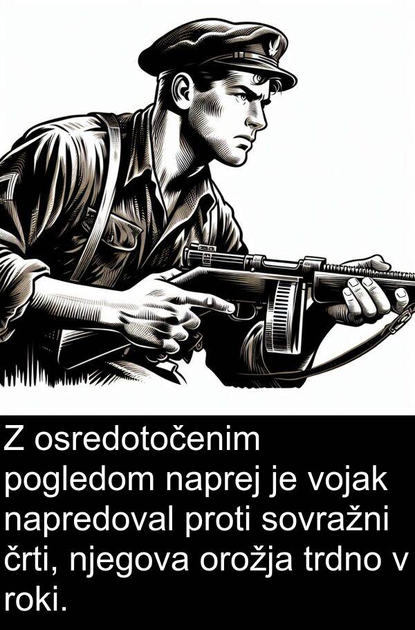 roki: Z osredotočenim pogledom naprej je vojak napredoval proti sovražni črti, njegova orožja trdno v roki.