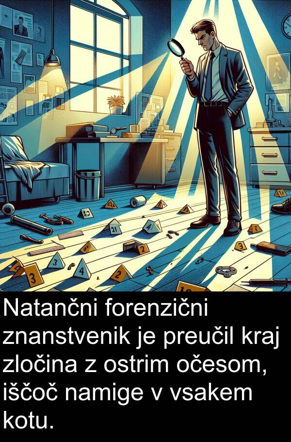 kraj: Natančni forenzični znanstvenik je preučil kraj zločina z ostrim očesom, iščoč namige v vsakem kotu.