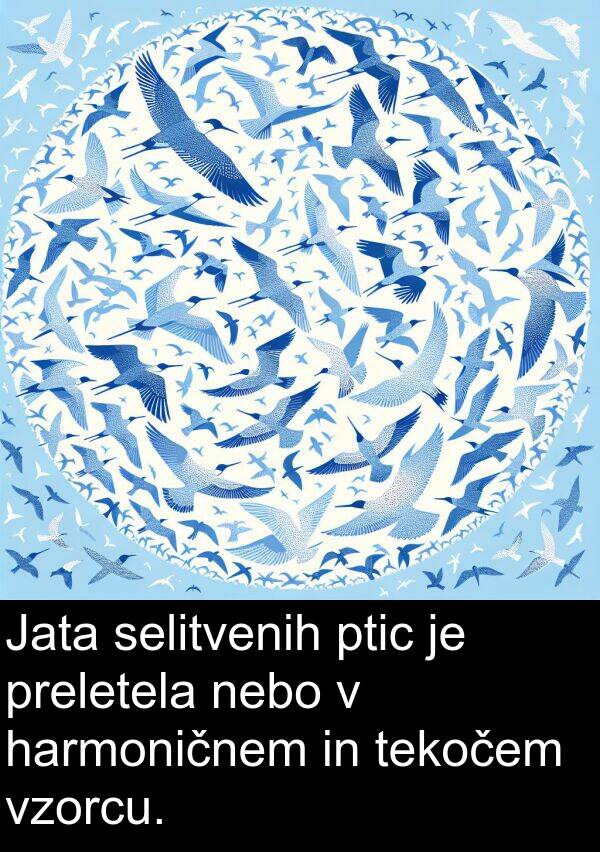 harmoničnem: Jata selitvenih ptic je preletela nebo v harmoničnem in tekočem vzorcu.