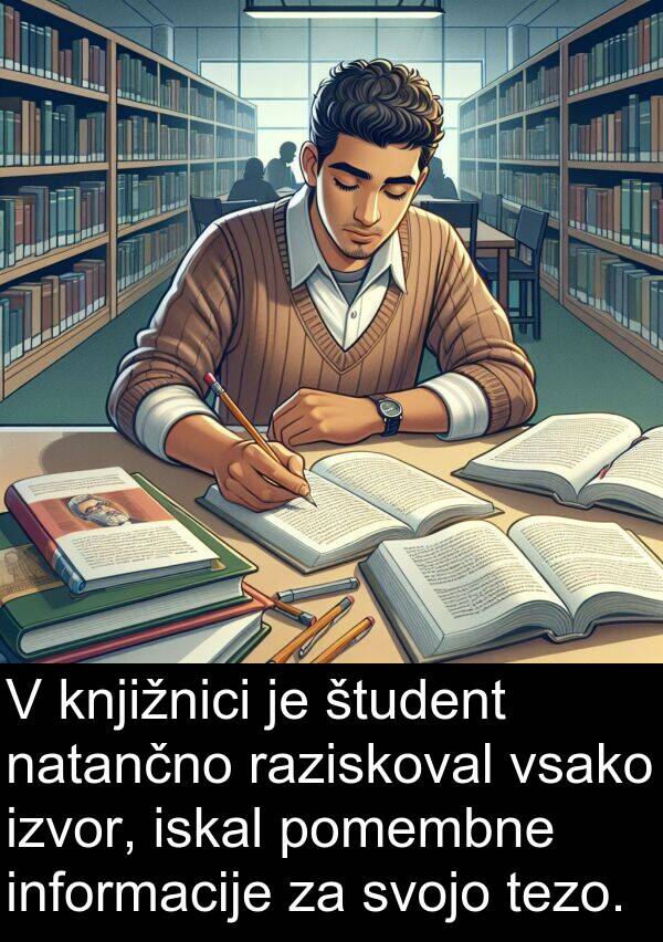 raziskoval: V knjižnici je študent natančno raziskoval vsako izvor, iskal pomembne informacije za svojo tezo.