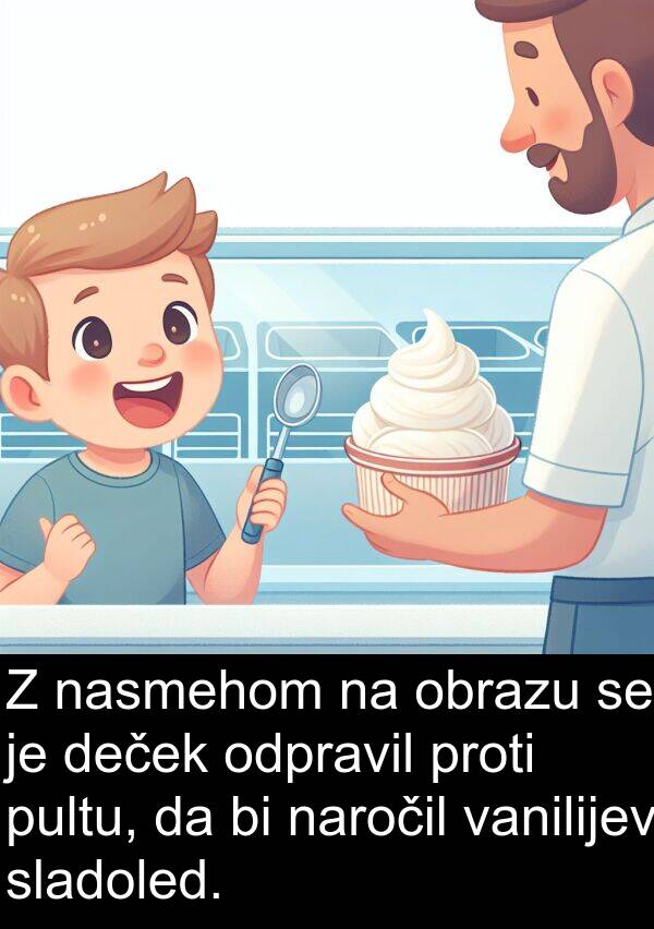 odpravil: Z nasmehom na obrazu se je deček odpravil proti pultu, da bi naročil vanilijev sladoled.