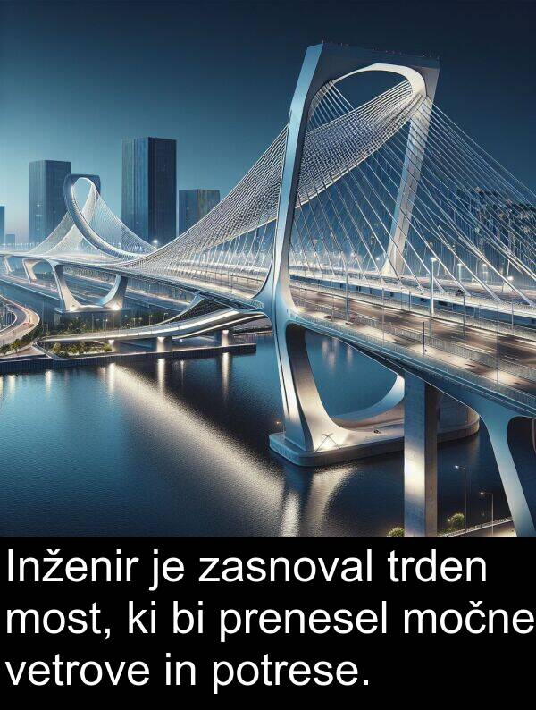 prenesel: Inženir je zasnoval trden most, ki bi prenesel močne vetrove in potrese.
