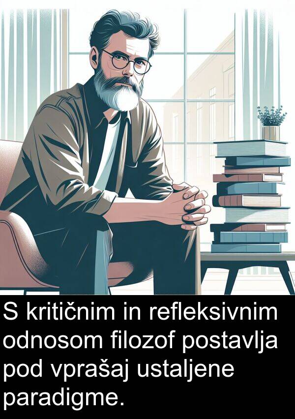 odnosom: S kritičnim in refleksivnim odnosom filozof postavlja pod vprašaj ustaljene paradigme.