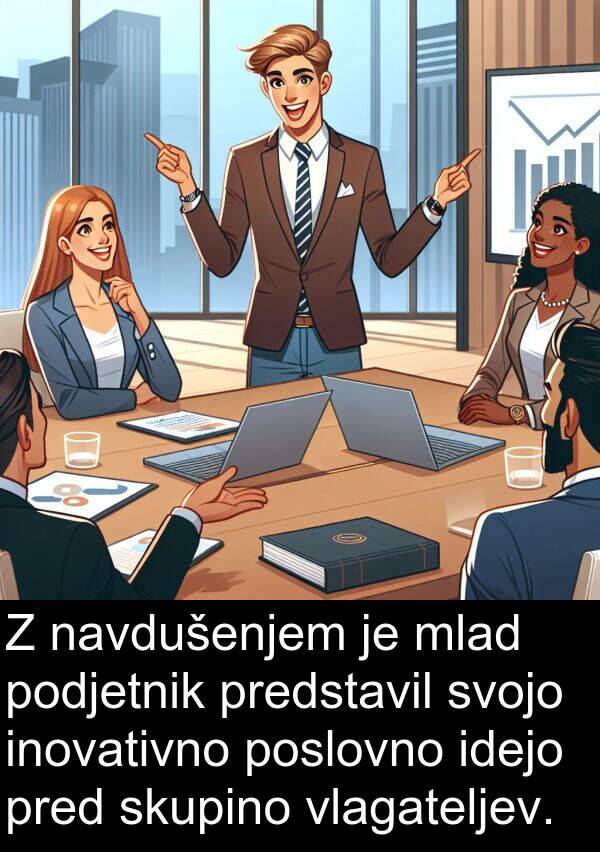 skupino: Z navdušenjem je mlad podjetnik predstavil svojo inovativno poslovno idejo pred skupino vlagateljev.