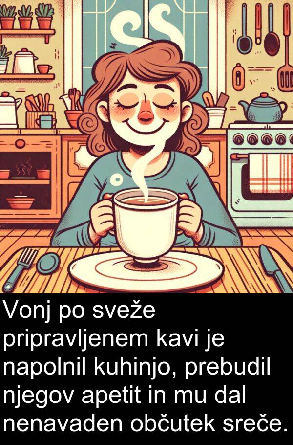 občutek: Vonj po sveže pripravljenem kavi je napolnil kuhinjo, prebudil njegov apetit in mu dal nenavaden občutek sreče.