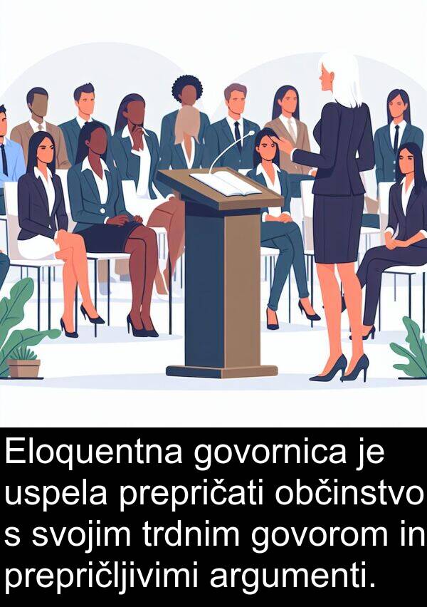 občinstvo: Eloquentna govornica je uspela prepričati občinstvo s svojim trdnim govorom in prepričljivimi argumenti.