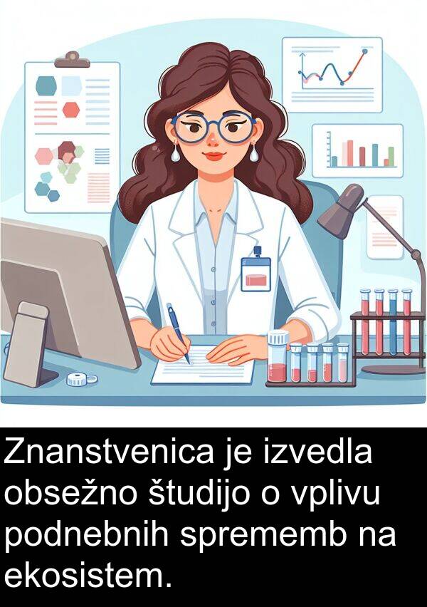 ekosistem: Znanstvenica je izvedla obsežno študijo o vplivu podnebnih sprememb na ekosistem.
