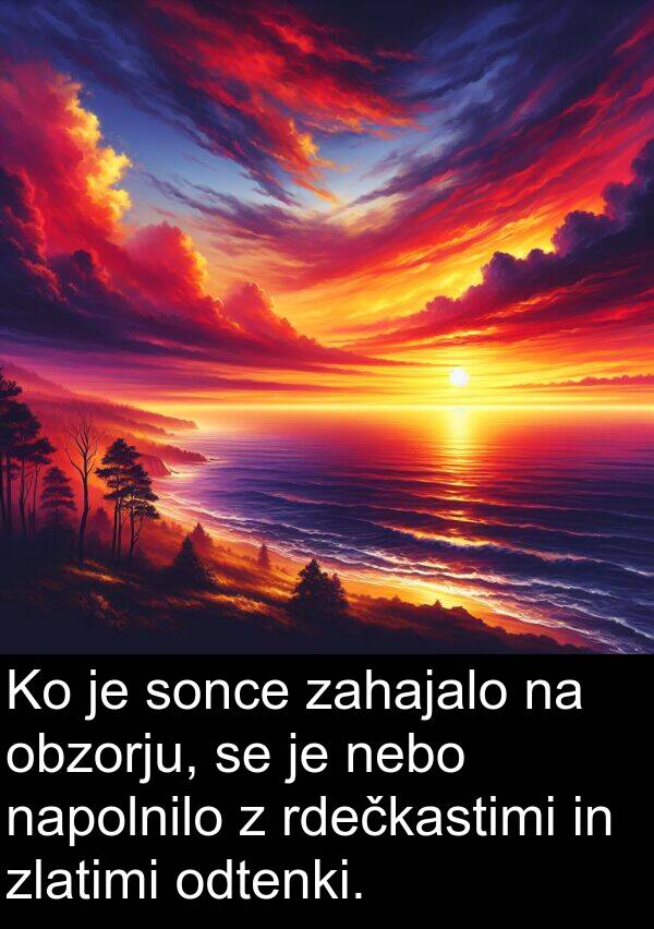 sonce: Ko je sonce zahajalo na obzorju, se je nebo napolnilo z rdečkastimi in zlatimi odtenki.