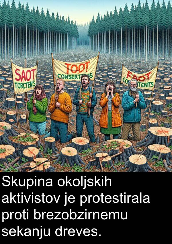 brezobzirnemu: Skupina okoljskih aktivistov je protestirala proti brezobzirnemu sekanju dreves.