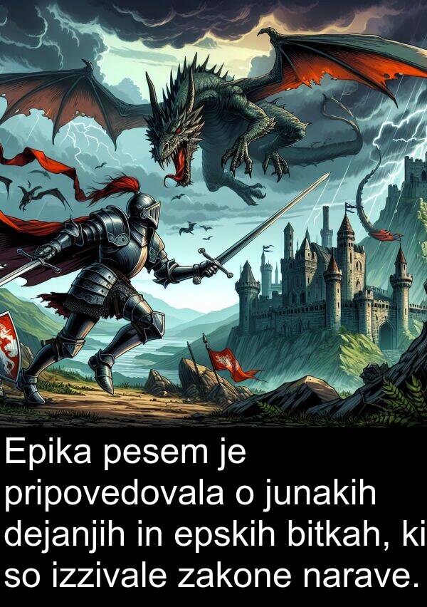 bitkah: Epika pesem je pripovedovala o junakih dejanjih in epskih bitkah, ki so izzivale zakone narave.