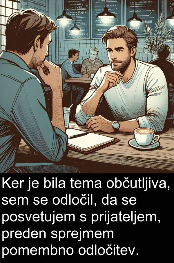 občutljiva: Ker je bila tema občutljiva, sem se odločil, da se posvetujem s prijateljem, preden sprejmem pomembno odločitev.