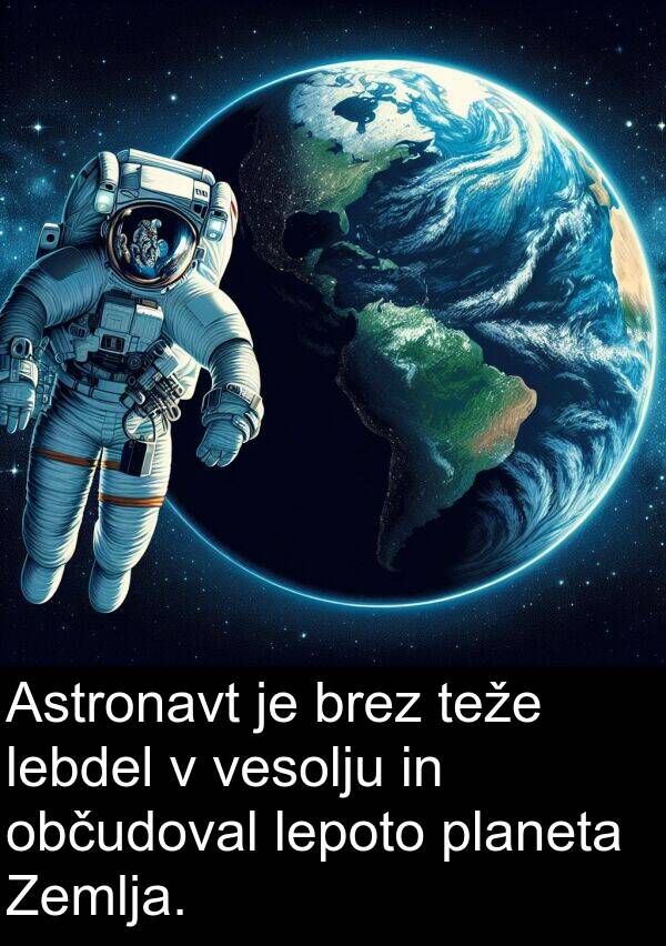lebdel: Astronavt je brez teže lebdel v vesolju in občudoval lepoto planeta Zemlja.