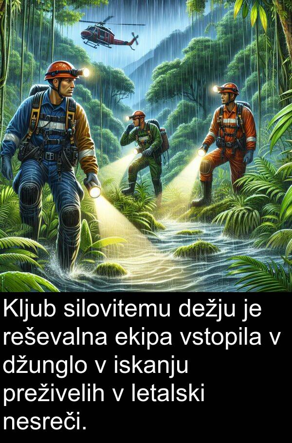 ekipa: Kljub silovitemu dežju je reševalna ekipa vstopila v džunglo v iskanju preživelih v letalski nesreči.
