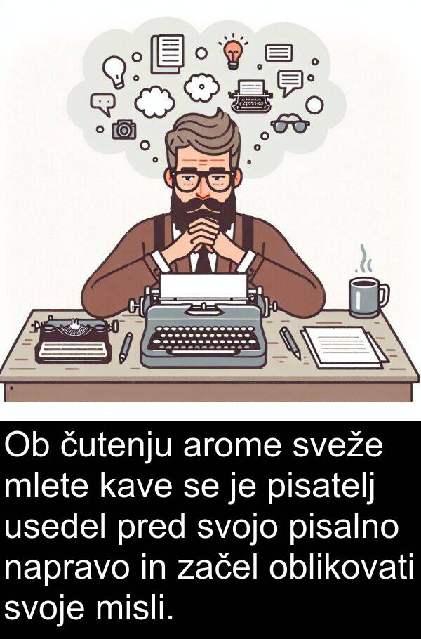 sveže: Ob čutenju arome sveže mlete kave se je pisatelj usedel pred svojo pisalno napravo in začel oblikovati svoje misli.