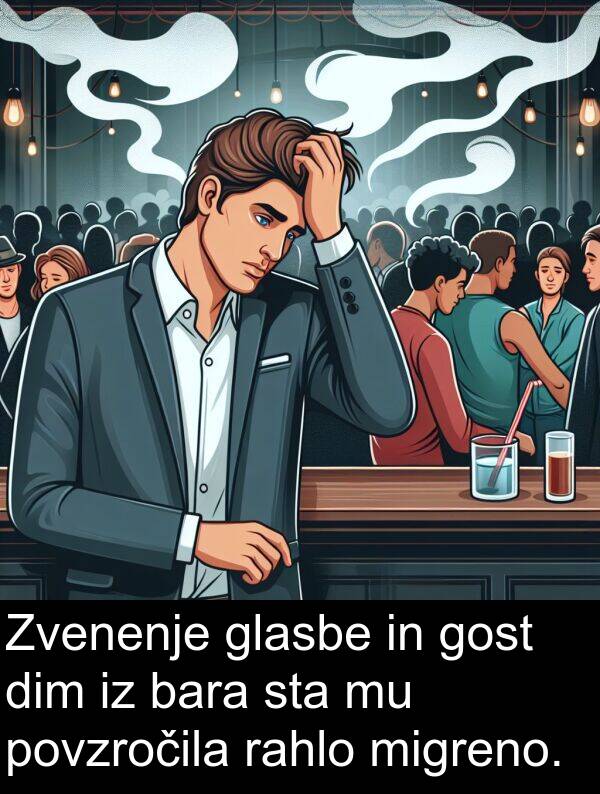 glasbe: Zvenenje glasbe in gost dim iz bara sta mu povzročila rahlo migreno.