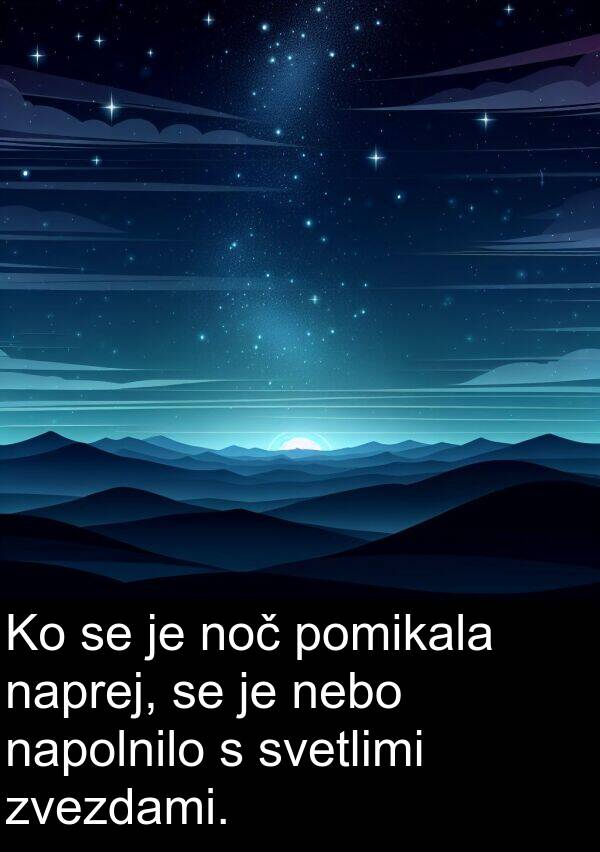 napolnilo: Ko se je noč pomikala naprej, se je nebo napolnilo s svetlimi zvezdami.