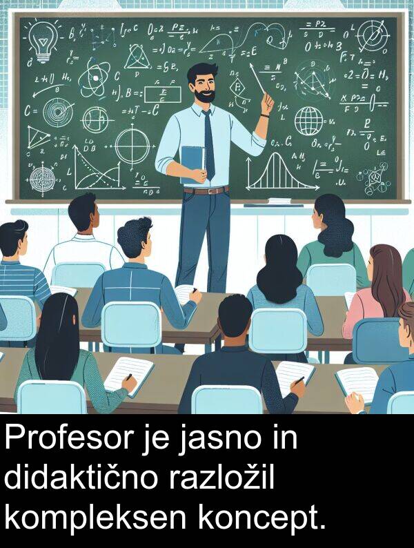 razložil: Profesor je jasno in didaktično razložil kompleksen koncept.