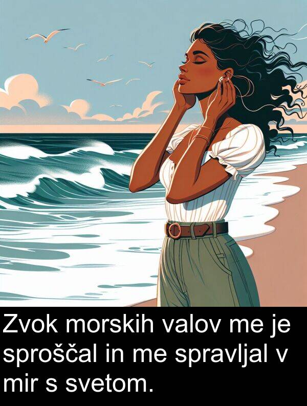 spravljal: Zvok morskih valov me je sproščal in me spravljal v mir s svetom.