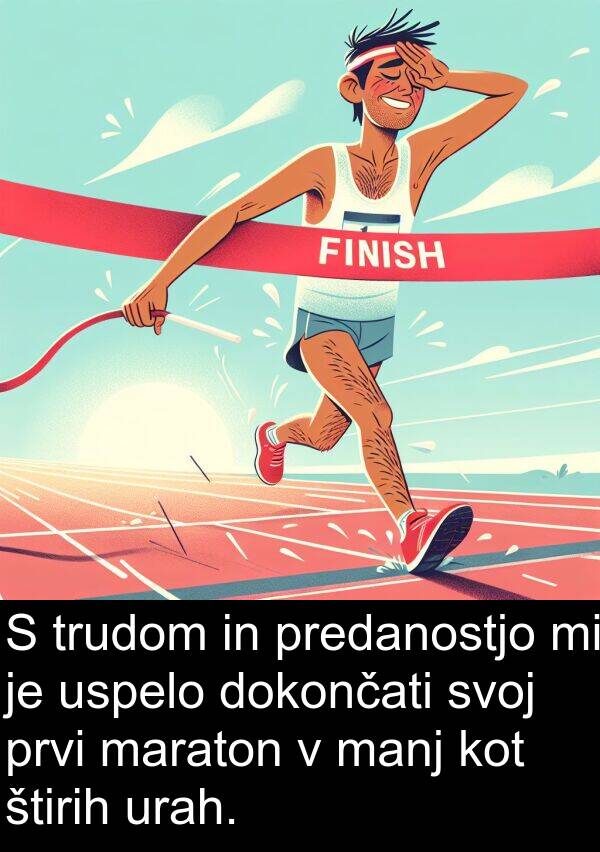 maraton: S trudom in predanostjo mi je uspelo dokončati svoj prvi maraton v manj kot štirih urah.