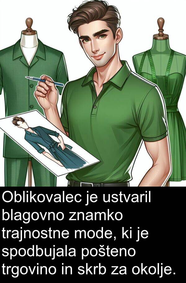 okolje: Oblikovalec je ustvaril blagovno znamko trajnostne mode, ki je spodbujala pošteno trgovino in skrb za okolje.