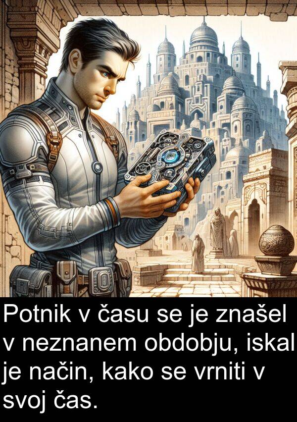 kako: Potnik v času se je znašel v neznanem obdobju, iskal je način, kako se vrniti v svoj čas.