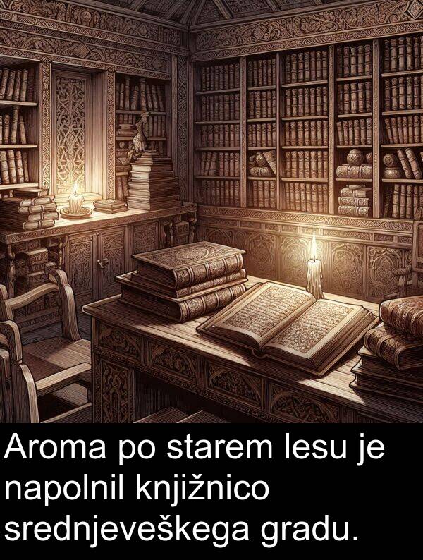 gradu: Aroma po starem lesu je napolnil knjižnico srednjeveškega gradu.