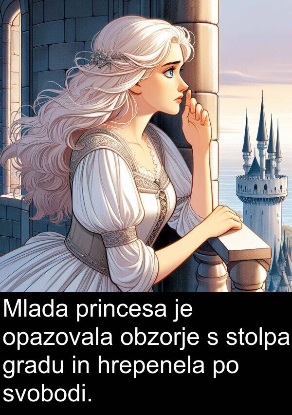 svobodi: Mlada princesa je opazovala obzorje s stolpa gradu in hrepenela po svobodi.