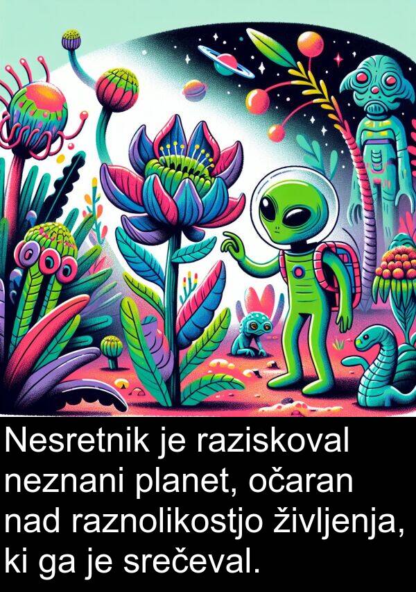 življenja: Nesretnik je raziskoval neznani planet, očaran nad raznolikostjo življenja, ki ga je srečeval.