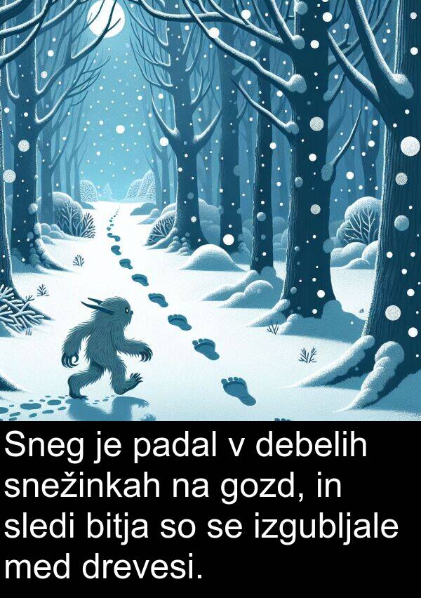 padal: Sneg je padal v debelih snežinkah na gozd, in sledi bitja so se izgubljale med drevesi.