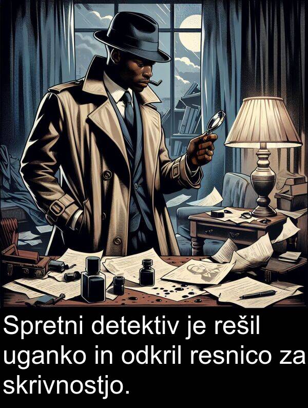 rešil: Spretni detektiv je rešil uganko in odkril resnico za skrivnostjo.
