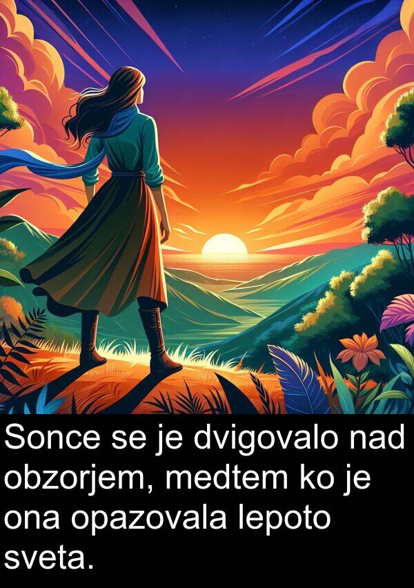 opazovala: Sonce se je dvigovalo nad obzorjem, medtem ko je ona opazovala lepoto sveta.