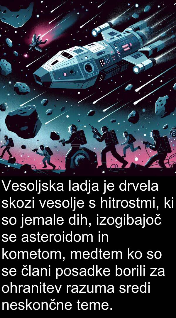 hitrostmi: Vesoljska ladja je drvela skozi vesolje s hitrostmi, ki so jemale dih, izogibajoč se asteroidom in kometom, medtem ko so se člani posadke borili za ohranitev razuma sredi neskončne teme.