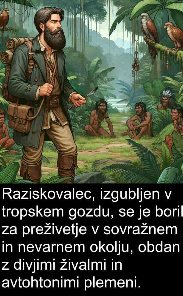obdan: Raziskovalec, izgubljen v tropskem gozdu, se je boril za preživetje v sovražnem in nevarnem okolju, obdan z divjimi živalmi in avtohtonimi plemeni.