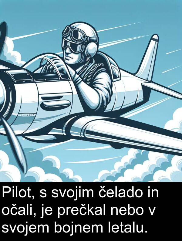 nebo: Pilot, s svojim čelado in očali, je prečkal nebo v svojem bojnem letalu.