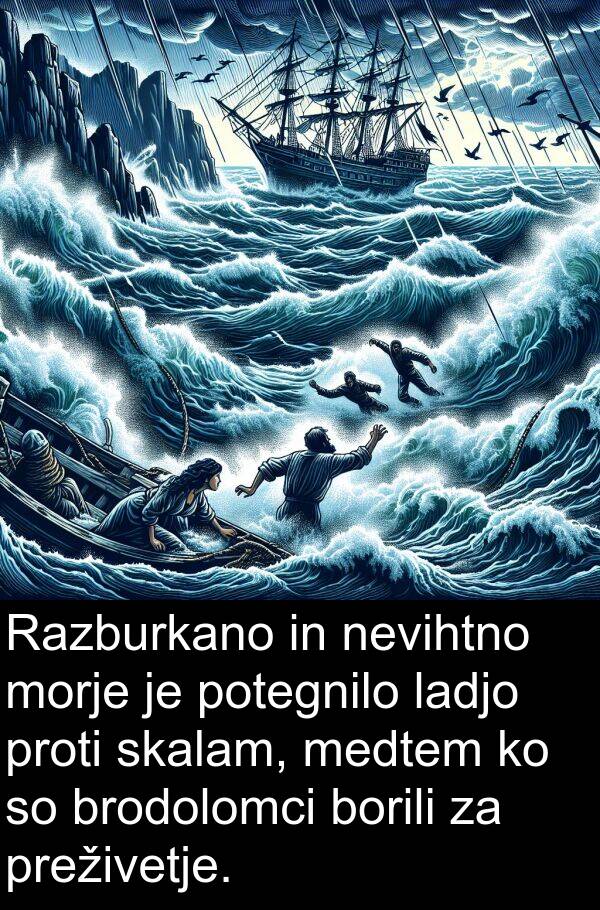 ladjo: Razburkano in nevihtno morje je potegnilo ladjo proti skalam, medtem ko so brodolomci borili za preživetje.